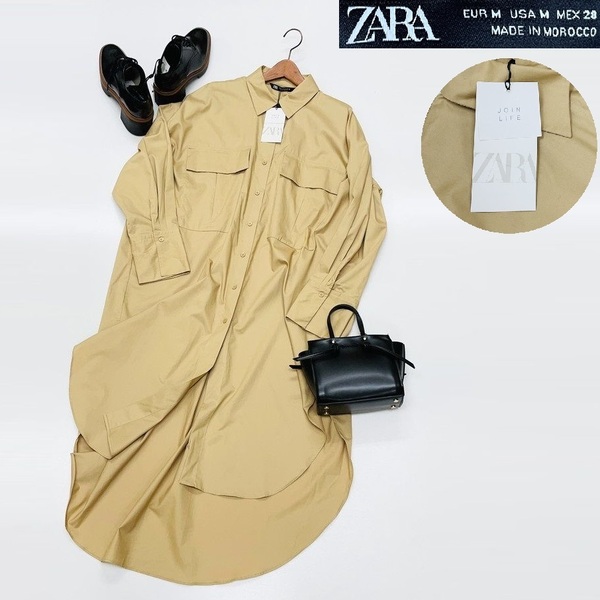 未使用品 /M/ ZARA ベージュ ポケットロングシャツ レディース タグ カジュアル トップス 通勤 フェミニン 大人可愛い羽織り デイリー ザラ