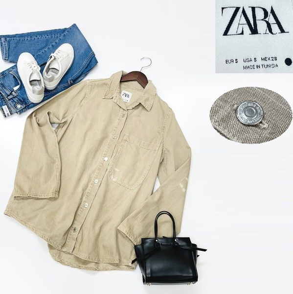 未使用品 /S/ ZARA ベージュ ポケットデニムシャツ レディース タグ カジュアル オーバーサイズ 通勤 フェミニン 大人可愛い デイリー ザラ