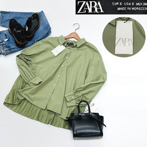 未使用品 /S/ ZARA グリーン プリーツオーバーサイズシャツ レディース タグ カジュアル トップス 通勤 羽織り 大人可愛い緑 デイリー ザラ