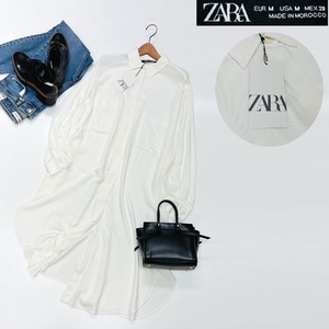 未使用品 /M/ ZARA ホワイト ロングカラーシャツ レディース タグ カジュアル トップス 通勤 羽織り フェミニン大人可愛い白 デイリー ザラ