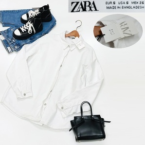 【S】ZARA ホワイト オーバーサイズデニム長袖ジャケット レディース カジュアル ボタンアウター通勤大人可愛い白アウトドア デイリー ザラ