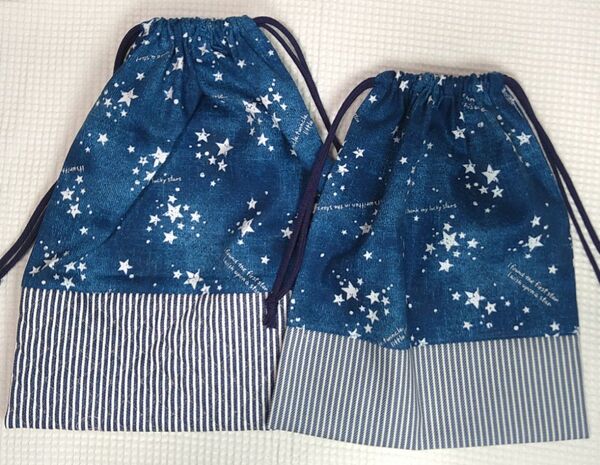 【23】2枚組●着替え袋&シューズ袋 ヴィンテージデニム風 体操服袋 ハンドメイド 入園準備 入学準備 新学期 高学年