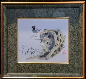 色紙額　どんす柄　縁　額装品　小林五浪／雀　複製　色紙画　色紙書　現代作家　雀画　色紙絵　日本風景画　　