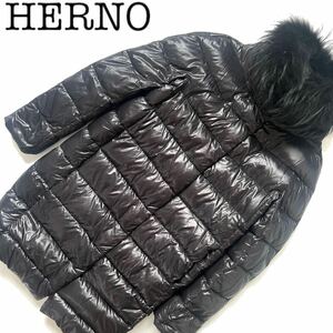 【送料無料】HERNO ヘルノ　ダウンコート　レディース　ロング　ファー　毛皮　38 M 黒　ブラック　ジャケット　冬物　防寒　アウター