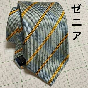 ゼニア ネクタイ シルク100％ メンズ 黄 水色 チェック 縞 Ermenegildo Zegna エルメネジルドゼニア