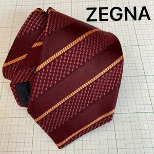 ゼニア ネクタイ シルク100％ メンズ 小豆 黄 茶 縞 Zegna