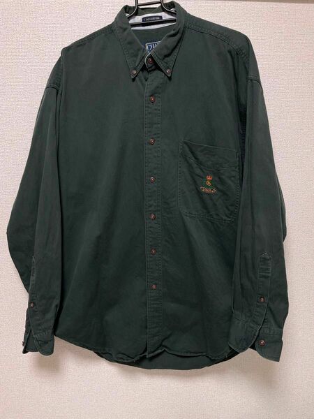【古着】80s CHAPS RalphLauren 刺繍ロゴ 長袖BDシャツ グリーン 