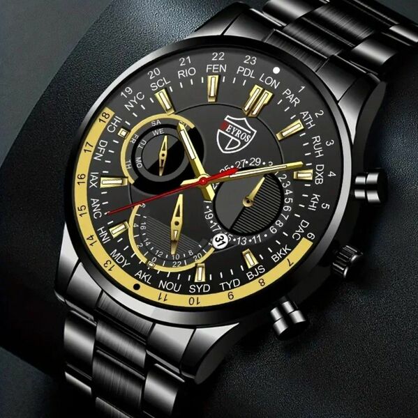 DEYROS Men's ファッションクォーツ 腕時計　　ブラック＆ゴールド 新品未使用