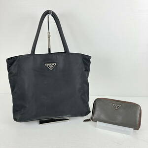 2402032-001 PRADA プラダ 黒 ナイロン ハンドバッグ/レザー ラウンドファスナー 長財布 計2点