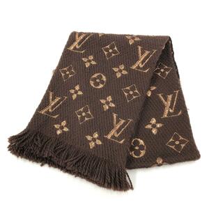 良好◆LOUIS VUITTON ルイヴィトン ストール◆ ブラウン ウール×シルク ラメ糸 エシャルプ・ロゴマニア ロゴ総柄 レディース 21年製