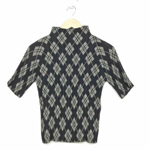 良好◆ISSEY MIYAKE イッセイミヤケ 半袖カットソー サイズM◆IM92-FJ945 ブラック/グレー レディース プリーツ/総柄 トップス