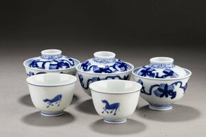 【華】某有名収集家買取品 時代物 古京焼 染付き 茶碗五客 茶煎道具 古美術 骨董品YA230698347-QU