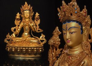 【清】某有名収集家買取品 西蔵・チベット伝来・時代物 銅金 白多羅菩薩造像 金水厚重 極細工 密教古美術