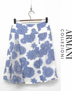 HGB-J343/ beautiful goods ARMANI COLLEZIONI knee height skirt silk total pattern embroidery 38 M white blue /GIORGIO ARMANI