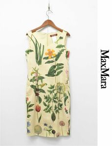 HGB-J337/美品 MAXMARA STUDIO ノースリーブワンピース ドレス ひざ丈 総柄 花柄 植物柄 ボタニカル柄 Vネック 36 S ベージュ