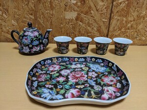 中国景徳鎮　MADE IN CHINA 09 ティーセット　茶器　急須　ティーポット　中国　景徳鎮　お盆に割れ修復跡有り