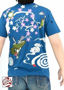 「夏休み！虫取り」半袖Tシャツ◆参丸一 ブルーMサイズ SM-30614 和柄 和風 蛙 かえる カエル サンマルイチ
