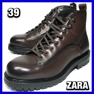 管理BC278■ZARA 39 約25cm-25.5cm メンズ 茶 ブラウン レースアップブーツ ザラ 革靴 レザー シューズ 本革 中古 *F8