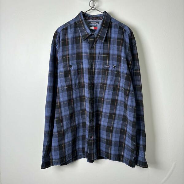 90s~ トミーヒルフィガー チェックシャツ 長袖 ボックス型 L ブルー