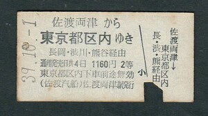 昭和３９年　　佐渡汽船　　佐渡両津から東京都区内ゆき　長岡・渋川・熊谷経由　　２等　　Ａ型　　連絡乗車券