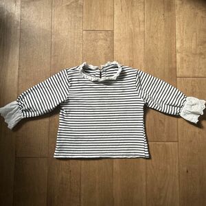 女の子 トップス 春服 ボーダー 100サイズ 袖フリル レース 韓国風 シンプル 綿100 コットン ロンT 長袖 カットソー