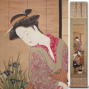 慶應◆江戸時代中後期の浮世絵師 勝川派の祖 伝【勝川春章】筆 絹本着色『蛍火』美人画 掛軸 肉筆浮世絵 時代金襴表装 御仕立て箱