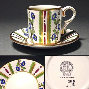 慶應◆ヴィンテージ イタリア【Este Ceramiche Porcellane】金彩装飾ハンドペイント花文 デミタスカップ＆ソーサー