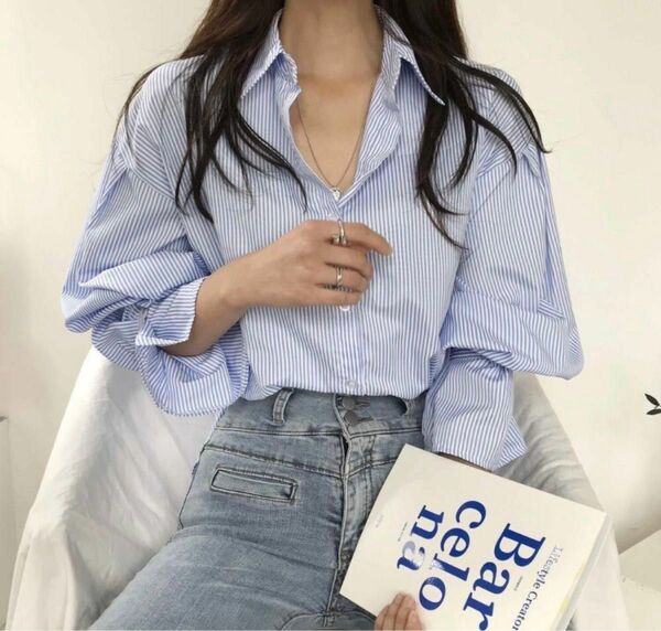 ストライプシャツ 袖口フリル サイズL キャンディースリーブシャツ 韓国