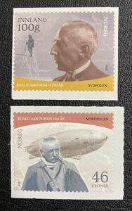 ノルウェー アムンセン誕生150年　史上初めて両極点到達　飛行船　北極　南極　2種完　未使用　NH