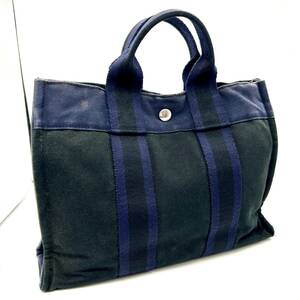 TY1044■ HERMES エルメス フールトゥ PM 627-23 ハンドバッグ キャンバス フランス メンズ レディース ネイビー ブラック シルバー金具 