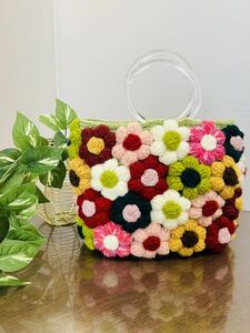 No.535★ハンドメイドバック 手編み トートバッグ 毛糸 花モチーフ 刺繍 ミニトート