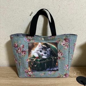 ネコ　花柄　ハンドメイドトートバッグ