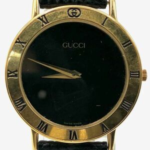 仙17 GUCCI 3000.2.M 腕時計 クォーツ アナログ 2針 ラウンド ブラック文字盤 レザーベルト グッチ QZ 革ベルト