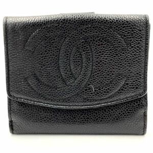 仙66 CHANEL ココマーク キャビアスキン 二つ折り財布 ダブルホック財布 ブラックカラー シャネル Wホック ウォレット レザー 黒