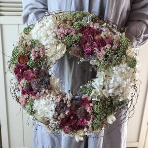 *kashun* (38cm) hand made Pierre du long sa-ru. hydrangea . sea lavender. volume lease / dry flower / rose / opening festival ./ Mother's Day 