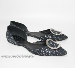 ロジェ ヴィヴィエ Roger Vivier バレリーナ フラット ネイビー / シルバー 水玉 スエード 39 約25cm 中古 美品 Ballerinas Chips Flats