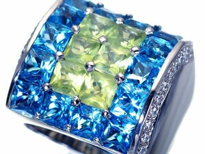 1円～【ジュエリー極】超豪華！良質天然ペリドット＆良質天然ブルートパーズ7.00ct＆ダイヤ0.18ct 高級K18WGリング h6495ilrl【送料無料】