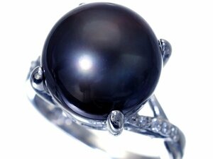 【ジュエリー極】美しい艶と照り！大珠良質南洋ブラックパール13.4ｍｍ珠＆ダイヤモンド0.08ct 高級Pt900リング t4038oz【送料無料】