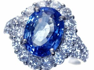 1円～【ジュエリー極】鑑/分析付 超特大 天然非加熱ブルーサファイア4.015ct＆極上ダイヤ1.34ct 超高級Pt950リング h6522irl【送料無料】