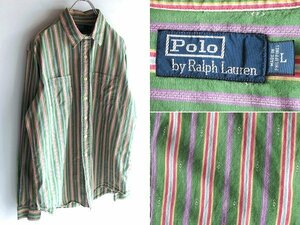 90sビンテージ Polo by Ralph Lauren ラルフローレン 猫目ボタン コットン ネイティブ柄 ストライプ柄 シャツ L 緑紫赤 USA企画 ネコポス可