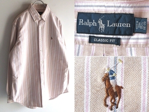 希少 90sビンテージ Ralph Lauren ラルフローレン ポロポニーロゴ刺繍 ストライプ オックスフォード BDシャツ 15H ベージュ USA企画