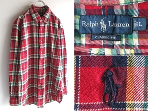 Ralph Lauren ラルフローレン CUSTOM FIT ポロポニーロゴ刺繍 チェックネルシャツ BDシャツ L レッド 赤 ボタンダウン 国内正規品