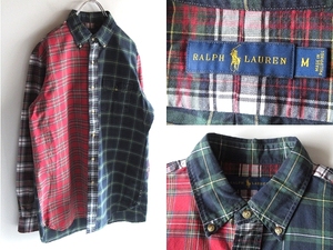 RALPH LAUREN ラルフローレン クレイジー切替 コットン タータンチェック BDシャツ M レッド グリーン ネイビー RN41381正規品 USA企画