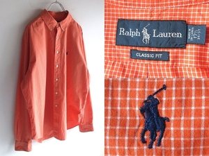 希少 00sビンテージ Ralph Lauren ラルフローレン CLASSIC FIT ポロポニーロゴ刺繍 コットン チェック BDシャツ 17H オレンジ 橙白 USA企画