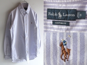 ネコポス対応 Ralph Lauren ラルフローレン CUSTOM FIT ポロポニーロゴ刺繍 ストライプオックスフォード BDシャツ S ラベンダー ホワイト