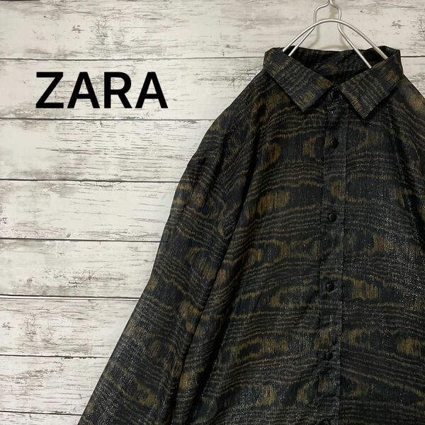 ZARA 総柄シャツ 光沢 透け感 お洒落 個性的 個性派 キラキラ 黒