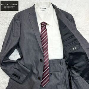 【極美品Lサイズ!!!】BURBERRY BLACK LABEL バーバリーブラックレーベル セットアップ スーツ シルク混 グレー ストライプ メンズ 2B