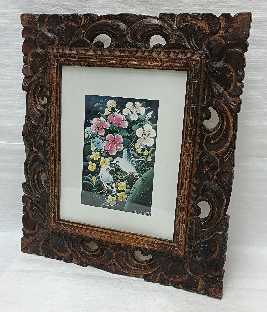 Pintura balinesa vintage Marco de talla de madera Bungosekan Flor enmarcada, Árbol, Pájaro, Pintura De Mariposas, obra de arte, cuadro, otros