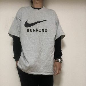 ビンテージNIKE runningナイキ ビッグスウッシュTシャツL 90s 00s Y2K グレー