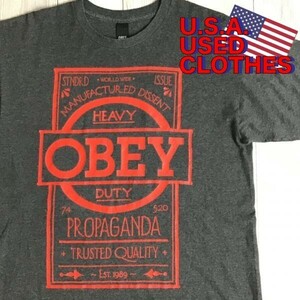 ★USA直輸入★正規品★【OBEY オベイ】HEAVY DUTY デカロゴ スクエアプリント 半袖 Tシャツ[メンズ L]グレー 赤 アート カルチャー K-590